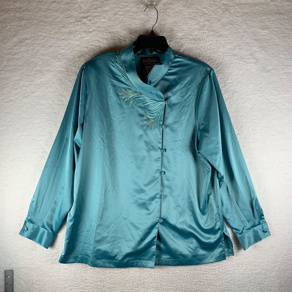 Bob Mackie Wearable Art Women's Blue Silky Embroidered Asian Style Top‎ Artsy L